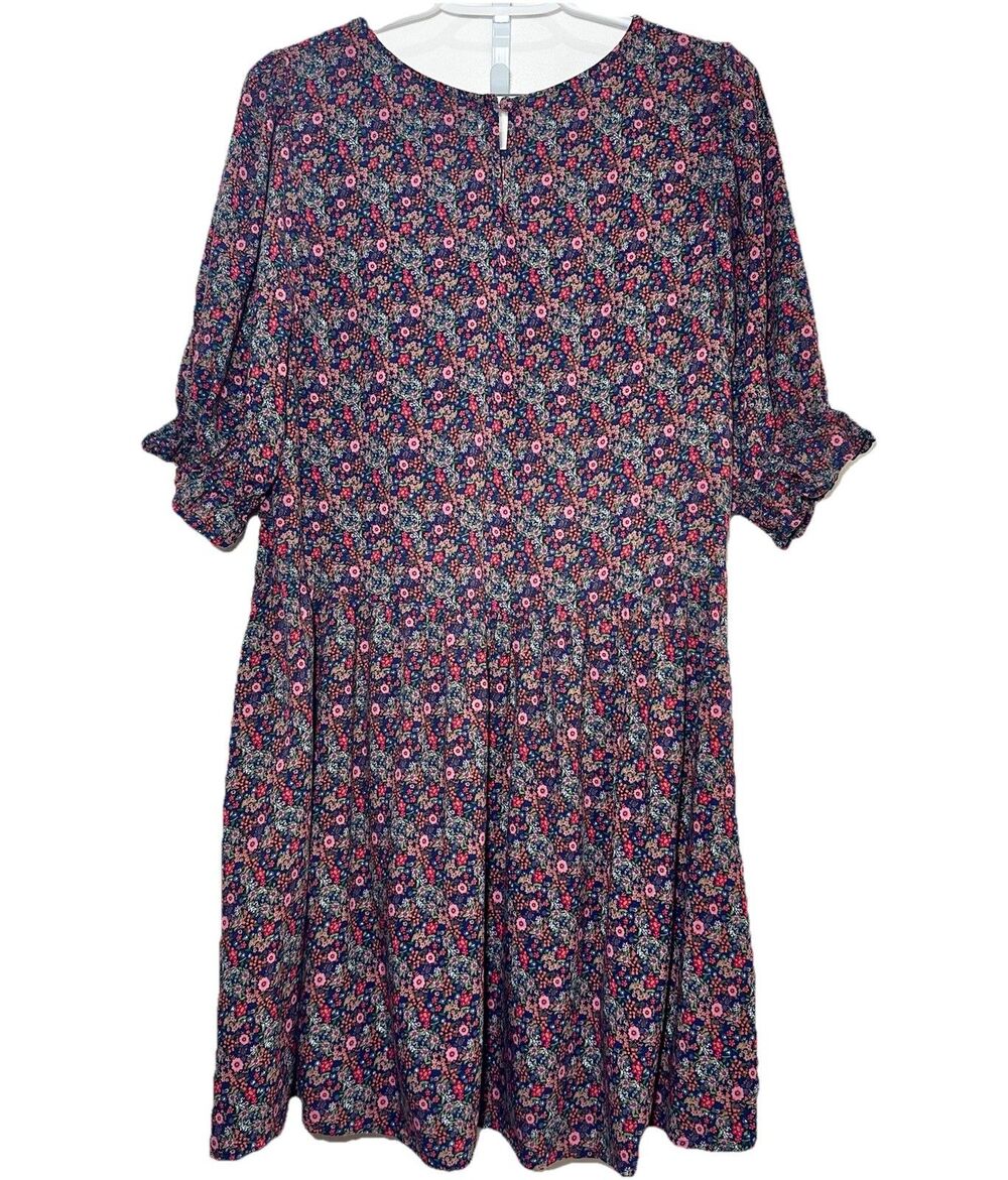 Natural Life Floral Rayon Dress Medium Navy Pink Boho Peasant 3/4 Sleeve Mini - Picture 3 of 8